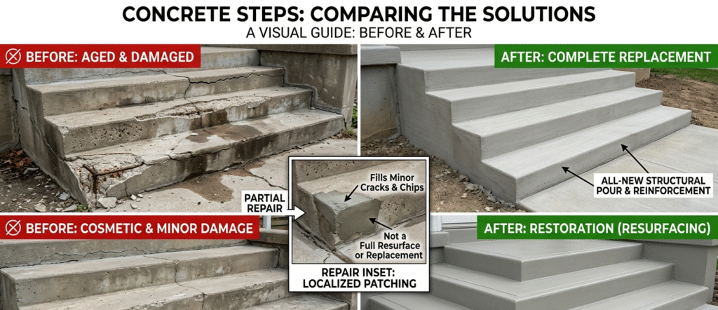 Concrete Steps Restoration vs. Repair vs. Replacement: Which Does Your Home Need?
