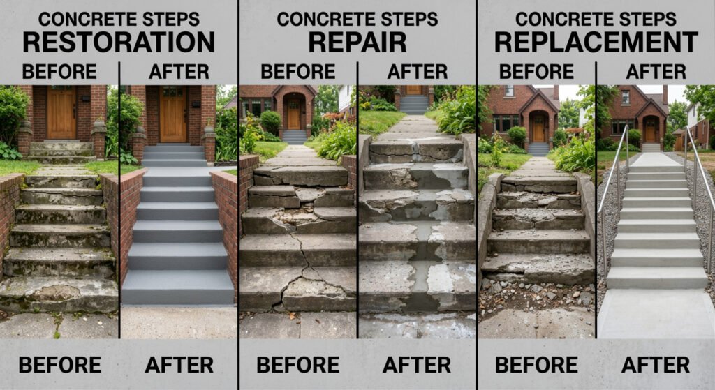 Concrete Steps Restoration vs. Repair vs. Replacement