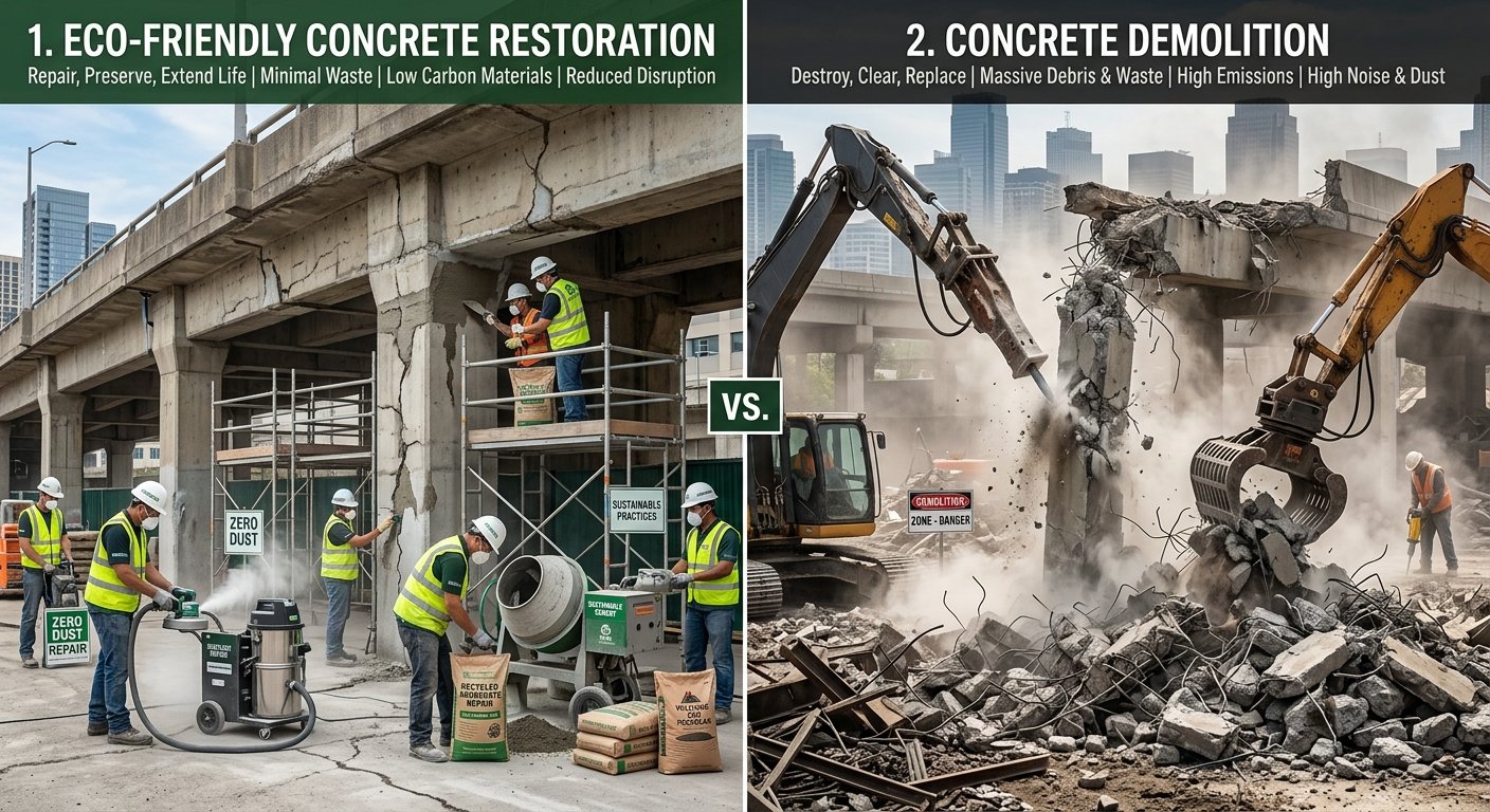 Eco-Friendly Concrete Restoration | Reducing Waste vs. Full Demolition